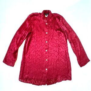 Citron Womens M Red Velvet Burnout Tunic Blouse Long Sleeve Collar Silk Mandarin